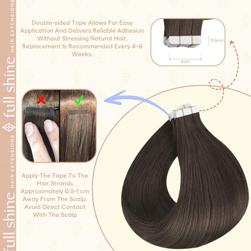 Image of Full Shine Tape Ins Human Hair Extensions, Mochachino Borwn 14 Inch | 50g 20PCS, Natural Seamless Skin Weft Hair Extensions Tape in Thick End for Women Real Hair Personalized Beauty Solutions