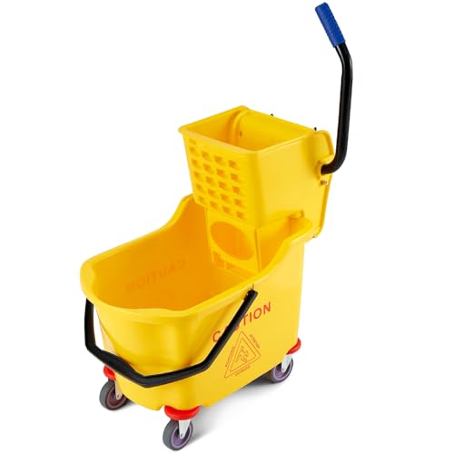 Commercial Mop Bucket with Side Press Wringer on Wheels, 35 Quart Capacity for Floor Cleaning, Kitchens, Restaurants, and Janitorial Use, Yellow