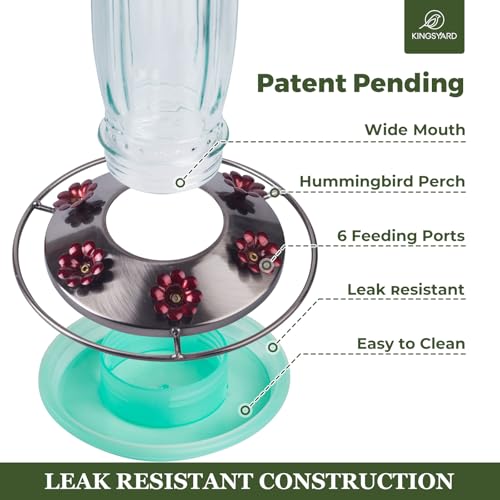 Kingsyard Glass Hummingbird Feeder for Outdoors Wild Bird Feeder with 6 Feeding Ports Hanging for Garden Yard, Green (Ant Moat Included)
