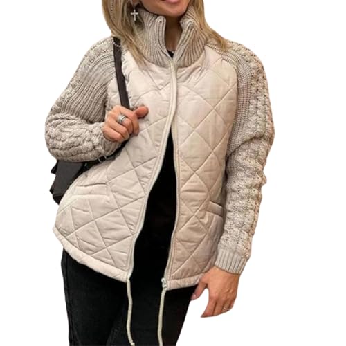 Women's Knit Patchwork Puffy Jacket,Casual Stand Collar Long Sleeve Zip Jacket,Women’s Winter Cropped Puffer Jacket Coat