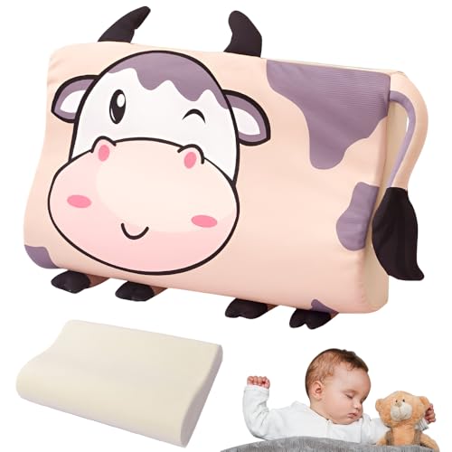 XUXLEKK Schlummerkids Cojín, 47 x 26 cm Almohada para Niños, Almohada Infantil con Funda, Hipoalergénico, Cojín de Animales Kawaii, Transpirable y Respetuoso con la Piel (Becerro)