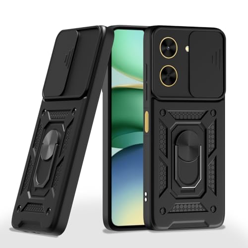Image of Pikkme Back Cover for Poco C71 / Redmi A5 | D10 Tough Armor | 360 Protection Case | Sliding Camera Shield Cover & Ring Holder Stand Bumper Case (Black)