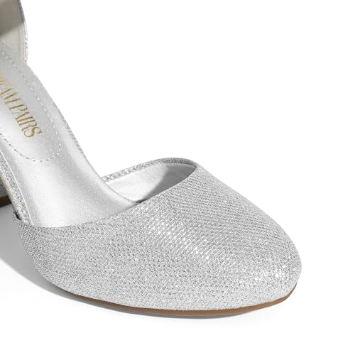 DREAM PAIRS DREAM PAIRS Women's High Heel Ankle Strap Closed Toe Chunky Wedding Party Pumps Shoes,Size 8.5,Silver/Glitter,Angela