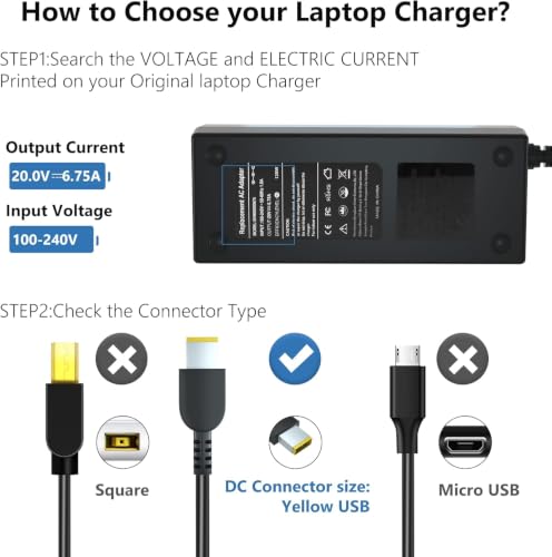 Image of 135W Power Cord for Lenovo ThinkPad Docking Station Yellow Tip | Stop dock blackouts! 135W pure power drives dual screens flawlessly. NOT a USB-C plug. Exact Yellow Square Tip ONLY.
