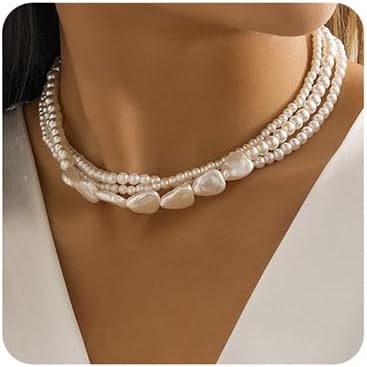 Octwine Boho Round Imitation Pearl Layered Choker Necklace Multi Strands Vintage Choker 1920s Bridal Wedding Christmas Vintage Shiny Necklace for Women (Silver 1)