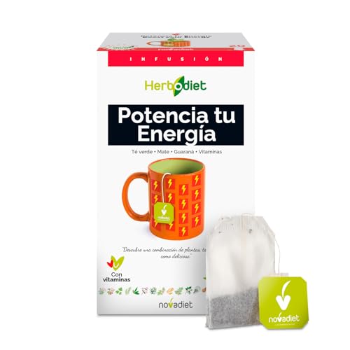 Novadiet Potencia tu Energía - Infusión que Ayuda a Aumentar tu Rendimiento Diario - Con Té verde, Mate, Guaraná, Aroma de Guaraná y Complejo de Vitaminas - Caja con 20 bolsitas filtro de 1,5g.