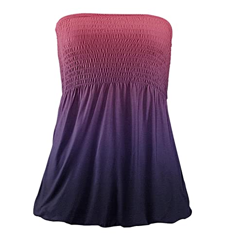 Oioloy Ruffle Strapless/Tube Shirt Ladys Camping Tube Polyester Tshirts Retro Gradient Color Slim Soft Sleeless Summer T Shirt For Ladies #TOP3