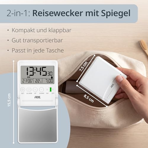 ADE Digitaler Reisewecker | Uhr mit Temperaturanzeige | Kleiner Wecker mit Licht | integrierter Klappspiegel im Deckel | einfache Bedienung | weiß