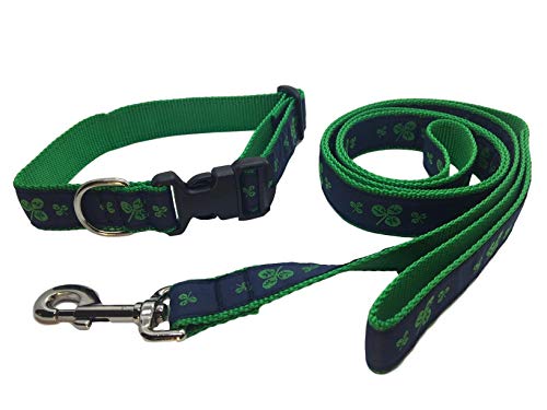 Preston Shamrock Dog Collar and Leash Set Navy Green Ribbon and Nylon Webbing (Medium)