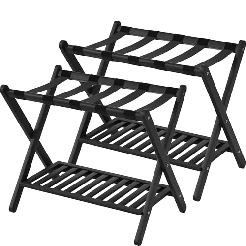 Natuvite Luggage Racks Set Of 2 Suitcase Stand Foldable With Storage Shelf For Guest Room Hotel Essentials Solid Bamboo Heavy-Duty Item Holder Black