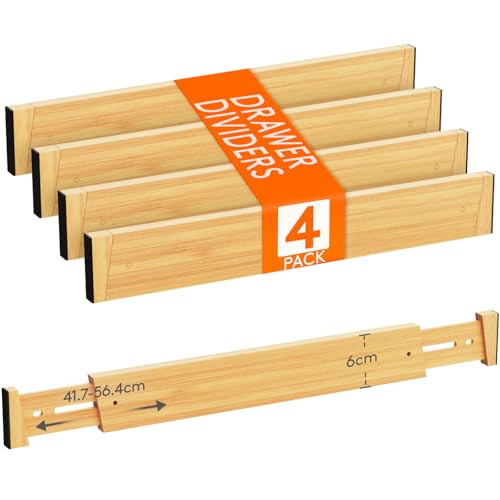 Lifewit 4 Juegos de Separadores de Cajones Ajustables en Bambú, 6 cm de Altura 42-56 cm de Largo, Divisores de Gavetas para Ropa/Camisetas/Pantalones, Organizadores de Armarios/Cocina/Escritorio