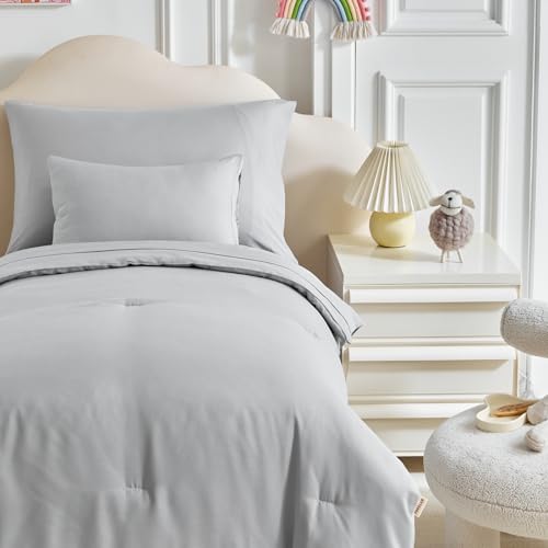 Image of Kids Comforter Sheet Set - Soft and Breathable Bed Set Includes Quilted Comforter, Fitted Sheet, Flat Top Sheet, Pillowcase and Toddler Pillowcase for Toddler - 5 Pieces Toddler Bedding Set Gray