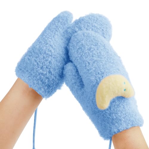 TINAYAUE Kinder Winterhandschuhe Verdickte Strickhandschuhe Kleinkind Fleecehandschuhe Bezaubernde Handschuhe mit Sterne, Mond Warme Plüschhandschuhe mit Kordelzug für 3-7 Jahre alt