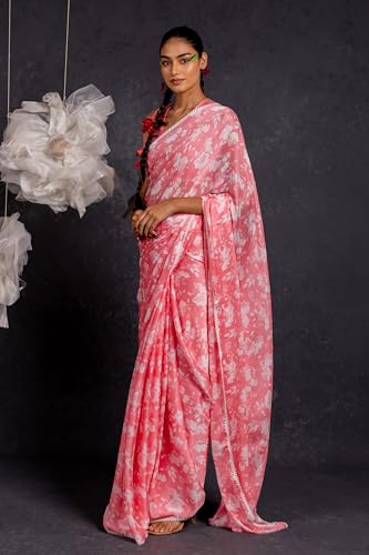 Image of MIRCHI FASHION Saree for Woman Georgette Floral and Leaf Printed | Elegant Farewell and Ceremonial Women's Sari with Blouse Piece