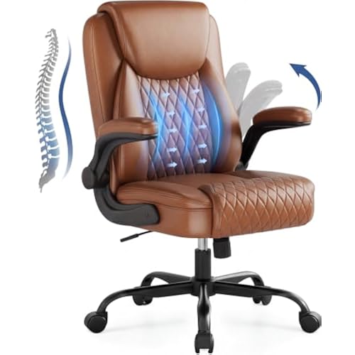 GTPOFFICE Executive Office Chair with Comfortable Lumbar Support, Ergonomic Gaming Chair with Flip-up Armrests & Zoned Pressure-Relief Cushion, Comfy PU Leather Desk Chair, Brown