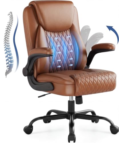 GTPOFFICE Executive Office Chair with Comfortable Lumbar Support, Ergonomic Gaming Chair with Flip-up Armrests & Zoned Pressure-Relief Cushion, Comfy Leather Desk Chair, Brown