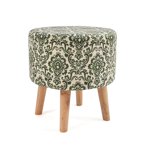 Image of NACIA Printed Ottoman Stool Set of 2 | Soft Cushioned Velvet Pouf Footrest with Wooden Legs | Decorative Seating Stool for Bedroom Living Room Home & Office (16x16x17 Inch, Green Damask)