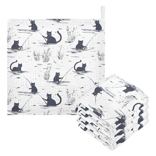 Image of vvfelixl Cat Fishing Baby Burp Cloths Baby Muslin Washcloths for Boys Girls Cotton Babys Face Towel for Newborn Infants Soft and Absorbent 11.8 X 11.8 in, 5 Pack