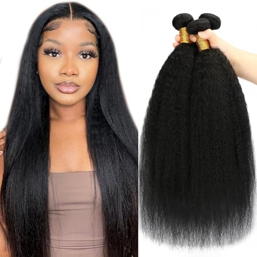 14 16 18 Inch Yaki Straight Kinkystraight Human Hair 3 Bundles 100% Unprocessed Brazilian Bundles Human Hair kinkycurly bundles human hair Natural Black