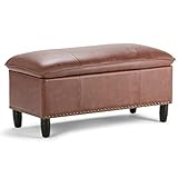 SIMPLIHOME Emily 39 inch Wide Rectangle Lift Top Storage Ottoman in Upholstered Cognac Faux Leather...