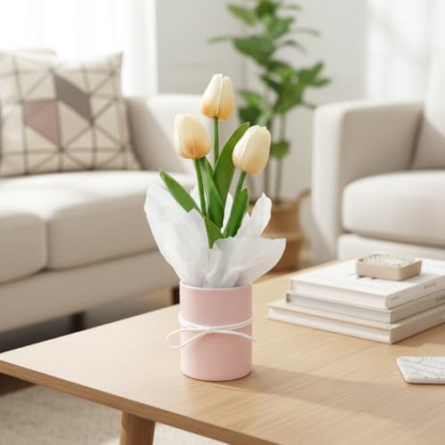 Image of Artificial Tulip Flowers with Vase for Home Decor | Real Look Pink Tulip Bouquet | Table Centerpiece, Living Room, Office Desk Decoration | Gift for Birthday, Anniversary, Housewarming