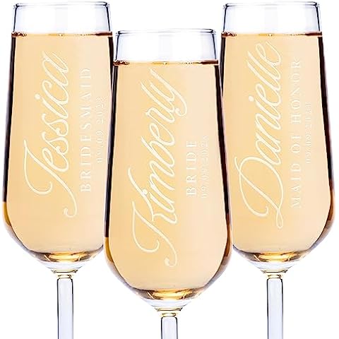 Customization Mill Bridesmaid Champagne Flutes Personalized with Name, Title and Date, Optional Set of 3, 6, 9, Bachelorette Party Champagne Glasses, Wedding Champagne Flutes - D2 Cover