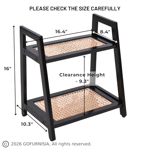Image of GOFURNISIA Handcrafted Wooden Rattan Display Rack | 2-Tier Premium Vanity Countertop Shelf for Cosmetics | Dining Table Decor Rack | Solid Wood + Natural Cane Webbing | Made in India | Black, Beige