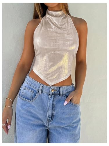 SHENHE Women's Shiny Metallic Open Back Halter Neck Draped Asymmetrical Sexy Party Crop Top4