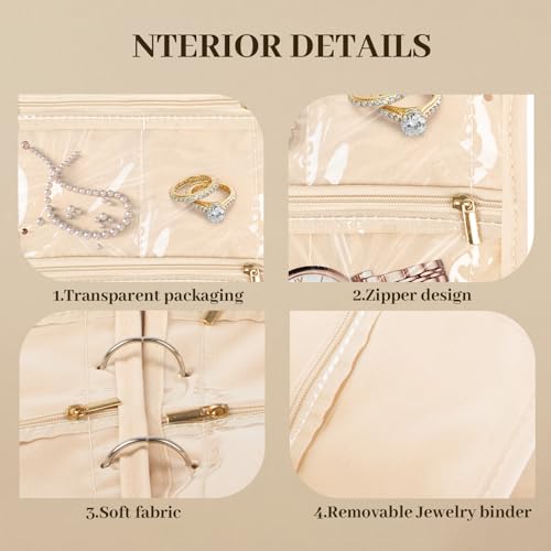 Travel Jewelry Organizer, Jewelry Storage Case Box with 6 Transparent Portable Clear Zipper Velvet Pouches for Earrings, Necklaces, Rings, Bracelets, Traveling, Gifts for Women (Beige)4