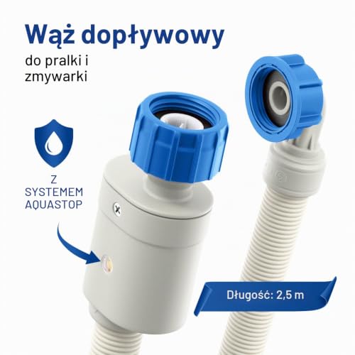 VIOKS Wąż dopływowy pralki/zmywarki AQUASTOP 2,5 m do zimnej wody Wąż do pralki Gorenje/zmywarki stołowej