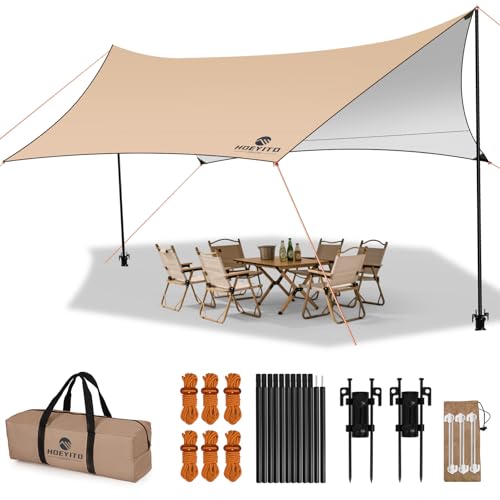 Camping Tarp with Poles & Retainer, 210D Oxford15x12.5FT Waterproof Canopy, UPF150+ UV Sunshade Shelter, Portable Car Awning for Picnic, Hammock Camping