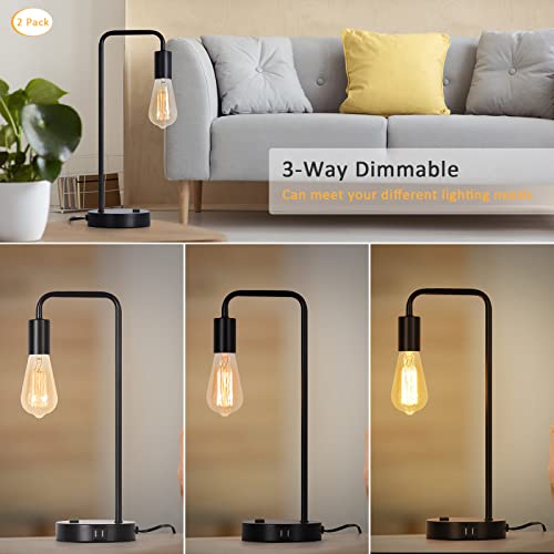 Haitral Industrial Table Lamps Set Of 2, 3-Way Dimmable Desk Lamps, Bedside Lamps With 2 Usb Charging Ports, Suit For Bedroom, Dorm, Office, Living Room - Black (Bulbs Included) #TOP1