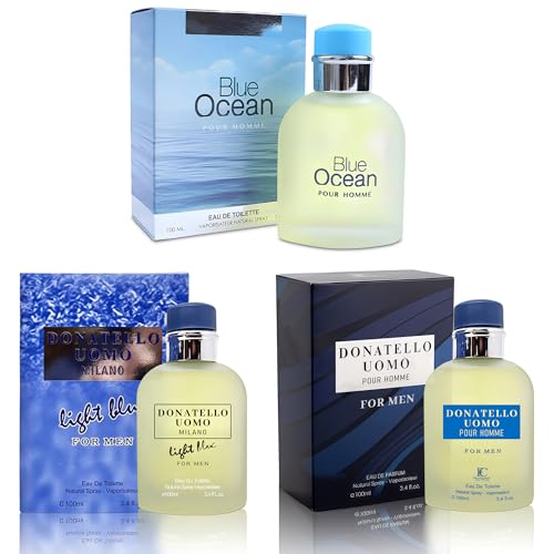 A CENTER 3Pack Men Colognes Combo Set Donatello Uomo&Blue Ocean&Donatello Light Blue 3.4 Fl Oz Each Eau De Parfume Spray with Woody Floral & Fruity Scent Perfume Gift Set Day to Night Use Fragrances