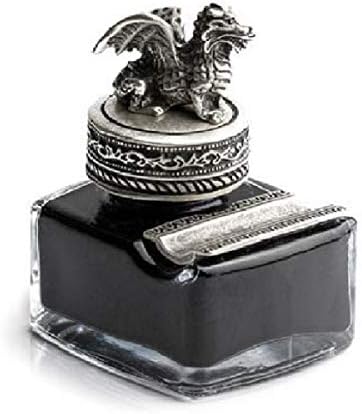 Dragon Glass Inkwell with Pewter Cap & Pen Rest - Black Writing Ink DACLM19