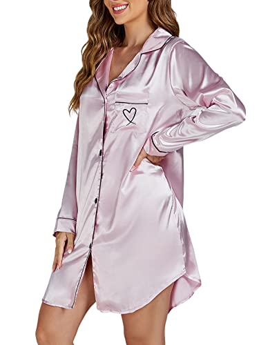 Lyaner Women's Satin Silky Long Sleeve Sleepshirt Button Down Nightgowns Heart Print Lounge Sleepwear Pjs Dusty Pink X-Small #TOP2