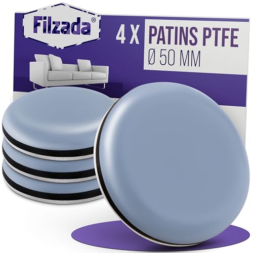 Filzada® 4X Patins pour Meubles Téflon Auto-adhésifs - Ø 50 mm (Rond) - Chaise de Planeur Professionnels/Planeur PTFE (Téflon)