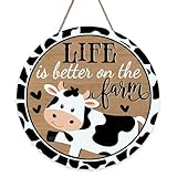 Bolisom Funny Life is Better on The Farm Cow Print Front Door Sign, Vintage Farmhouse Animals Country Barn Wood Hanger Outdoor Home Decor, Rustic Wooden Wreath Indoor Wall Hanging Decoration Farm Gift