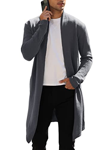 FUERI Cardigan à col châle pour homme - Long - Bord ouvert - Léger - Pour l'hiver - Coupe ajustée, gris, M Cover