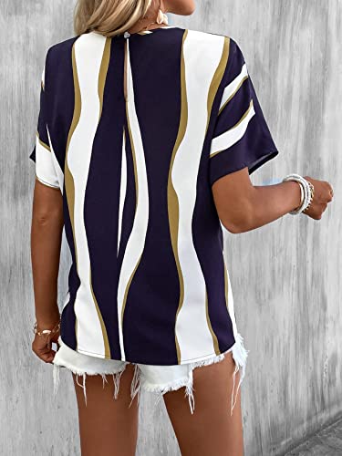 Soly Hux Womens Blouses 2023 Summer Keyhole Back Short Sleeve Shirts Striped Tie Knot Side Tunic Tops Navy Blue M #TOP1