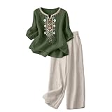 SLNLUYK Conjunto de Mujer con Pantalones de Lino y Algodón Elegante Juego de Verano Completo Drop Shoulder Camiseta Vintage Bordado Casual dos Piezas Curvy Señora Traje de Playa para el Verano