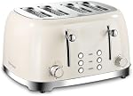 Roter Mond 4 Slice Toaster Retro Stainless Steel Toasters with Bagel Defrost Cancel Function, 6 Browning Settings, Extre Wide Slot, Cream