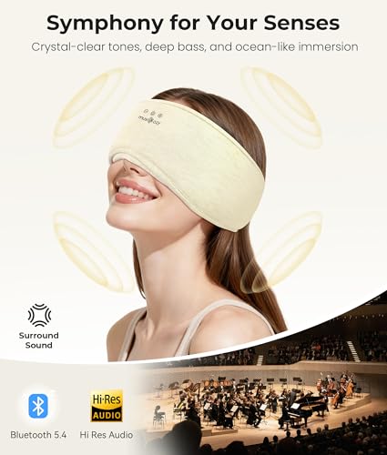MUSICOZY Bluetooth 5.4 Sleep Headphones Eye Mask with Seaweed Fiber Cotton, Ultra Soft Fully Wrapped Sleep Mask with Headphones for Side Sleepers, 14 Hours Playtime, Gifts for Men Women, Beige — view 4