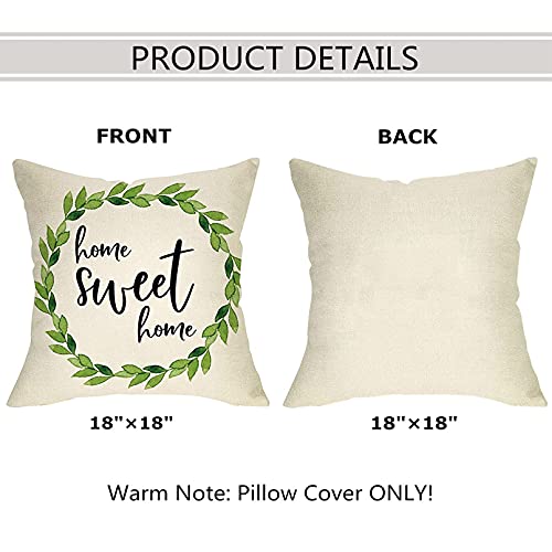 Ussap Home Sweet Home Decorative Throw Pillow Cover, Olive Green Wreath Farmhouse Cushion Cover Home Rustic Decoration, Seasonal Quote Pillowcase For Front Porch Sofa Couch Decor Cotton Linen 18X18 #TOP1