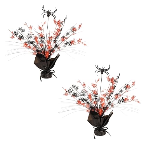 Beistle Spider Gleam 'N Spray Centerpieces, 2-Count, Halloween Table Decorations with Glittered Spider, Orange & Black Foil Accents, Spooky Party Decor for Haunted Houses & October Events, 15”
