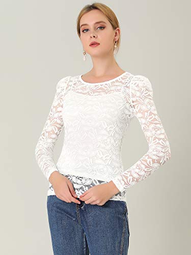 Allegra K Women's Lace Embroidery Semi Sheer Vintage Puff Sleeve Top Large White #TOP3