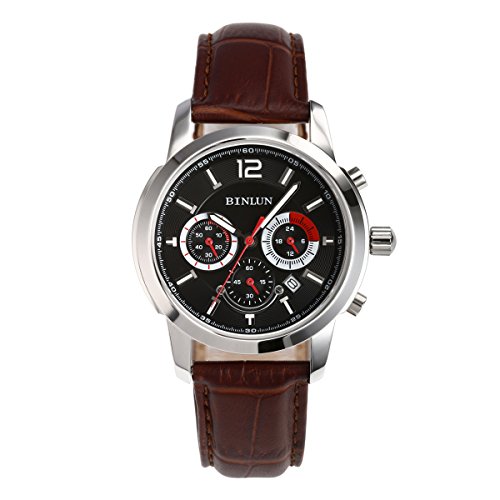 BINLUN Chronograph Watch Mens Outdoor Military Tactical Quartz Leather Watches with Calendar Date, Waterproof Valentine