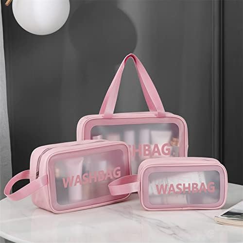 Unaone 3 Pieces Toiletry Bag for Women and Men, Matte Translucent Makeup Cosmetic Bag with Handy Handle, Water - Resistant Travel Organizer for Accessories (Pink)