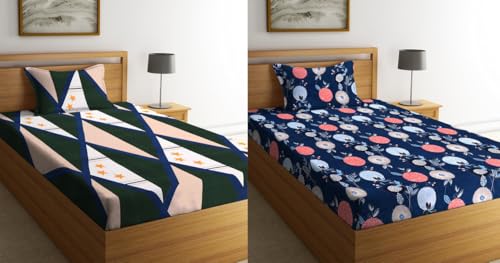 Image of la' amour Pure Cotton 220 tc Flat Single Bedsheets Combo Pack of 2 Bed Sheet for Breathable | Wrinklefree Super Soft (Size-60 X 90 Inch) with 2 Pillow Covers (Size-17 X 27 Inches, Green & Blue)