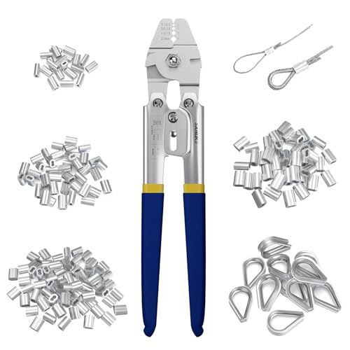 Sanuke Wire Rope Crimping Swaging Tool - Chrome - Up to 2.2mm (2/32inch) - 160pcs Aluminum Double Barrel Ferrule Crimping Loop Sleeve & 10pcs Stainless Steel Thimble Assortment Kit