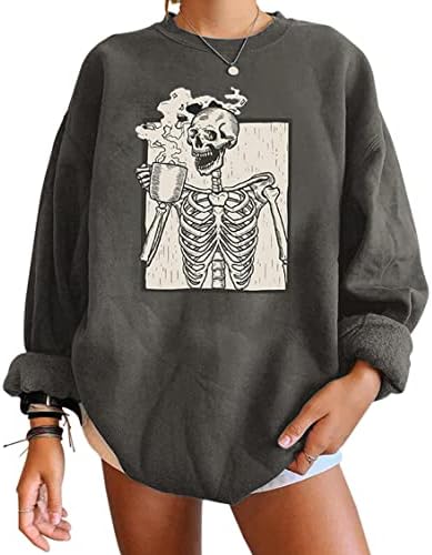 Meladyan Halloween Skull Graphic Print Fleece Oversized Sweatshirt Crewneck Long Sleeve Drop Shoulder Pullover Dark Grey